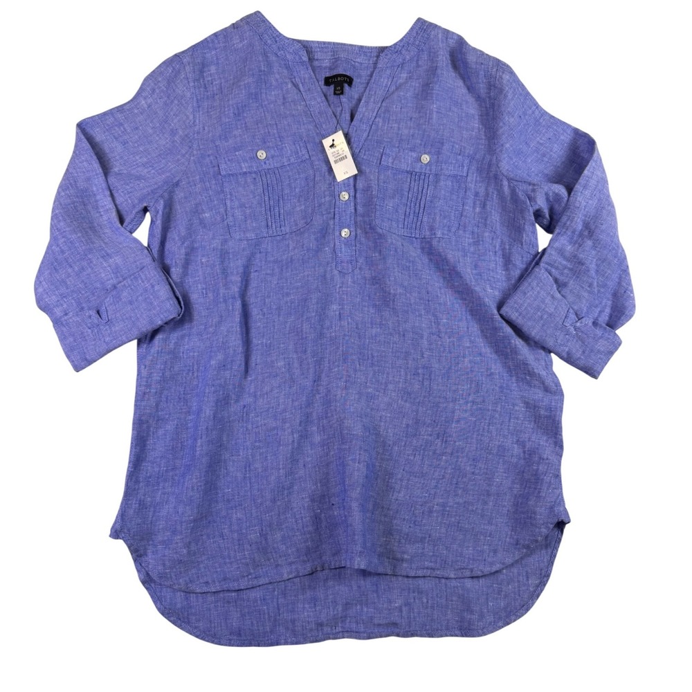 Talbots Womens 100% Linen Split Neck Tunic Top Blue XS NWT 52836510 Chambray